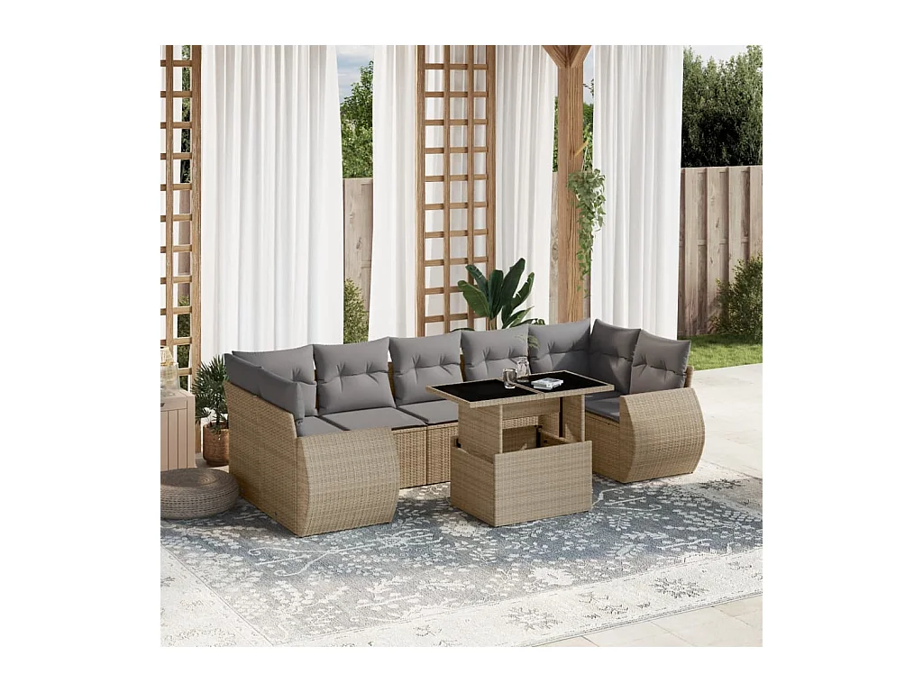 8 peças conjunto de sofás para jardim com almofadões vime PE bege