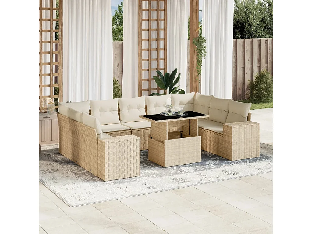 10-delige Loungeset met kussens poly rattan beige