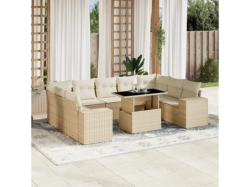 Salon de jardin avec coussins 10 pièces beige résine tressée