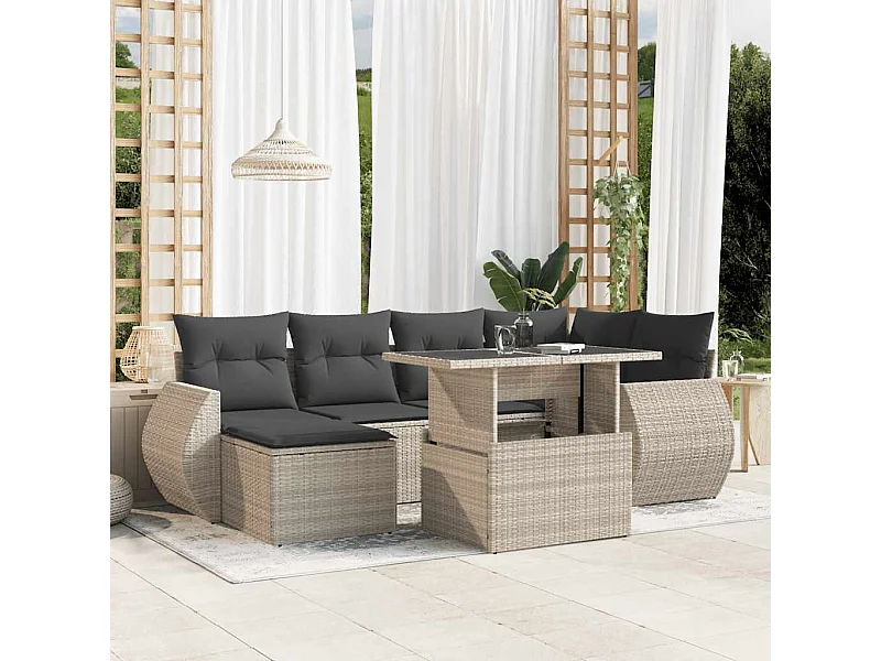 Salon de jardin avec coussins 7 pièces gris clair résine tressée