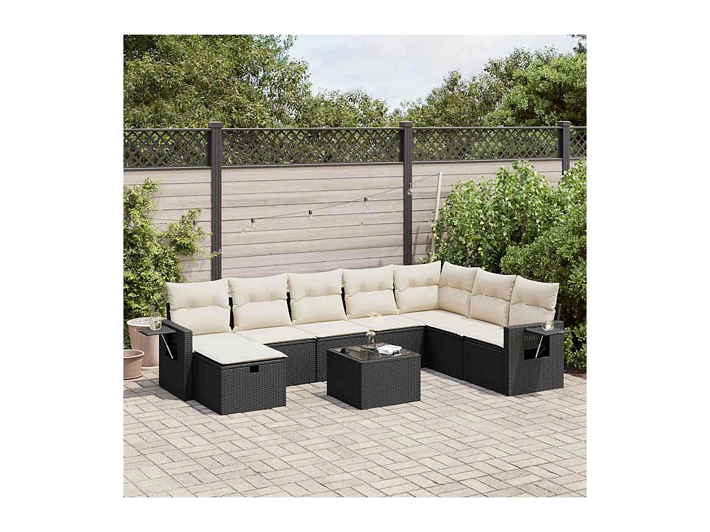 Salon de jardin 9 pièces avec coussins noir résine tressée