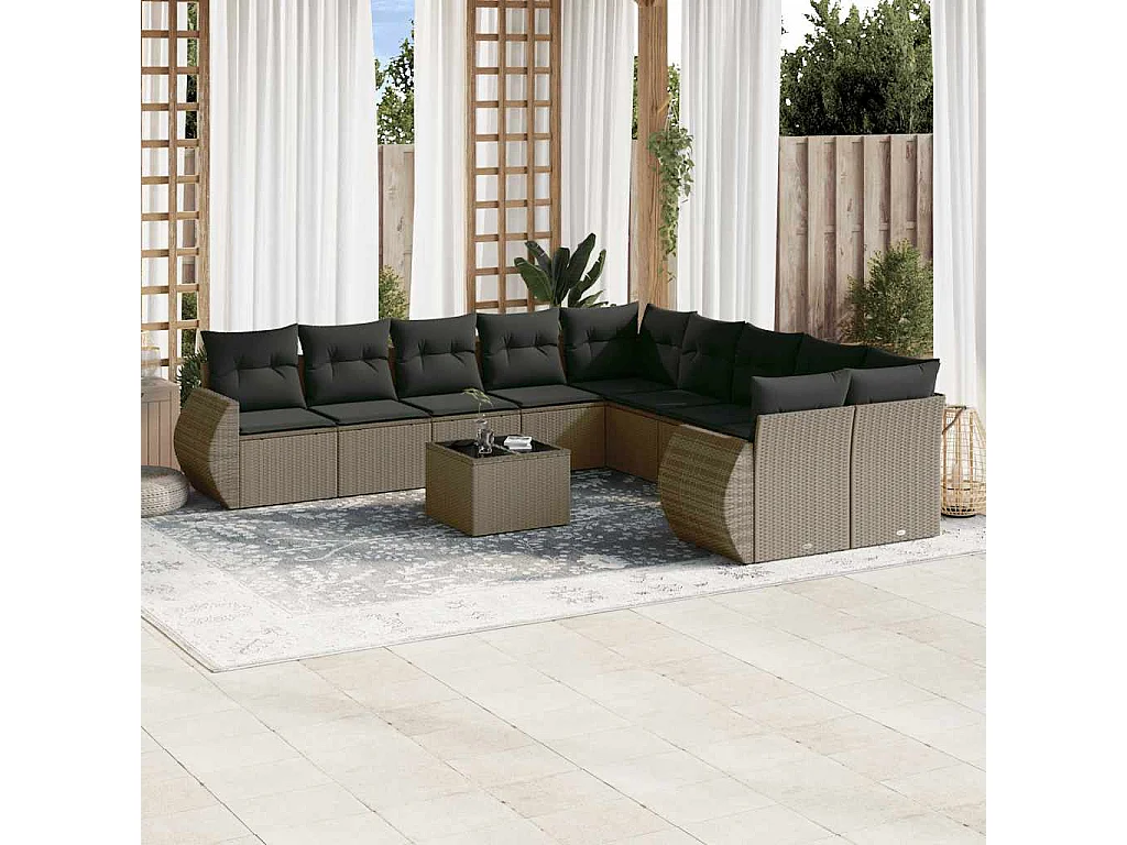 Salon de jardin 11 pièces avec coussins gris clair résine tressée
