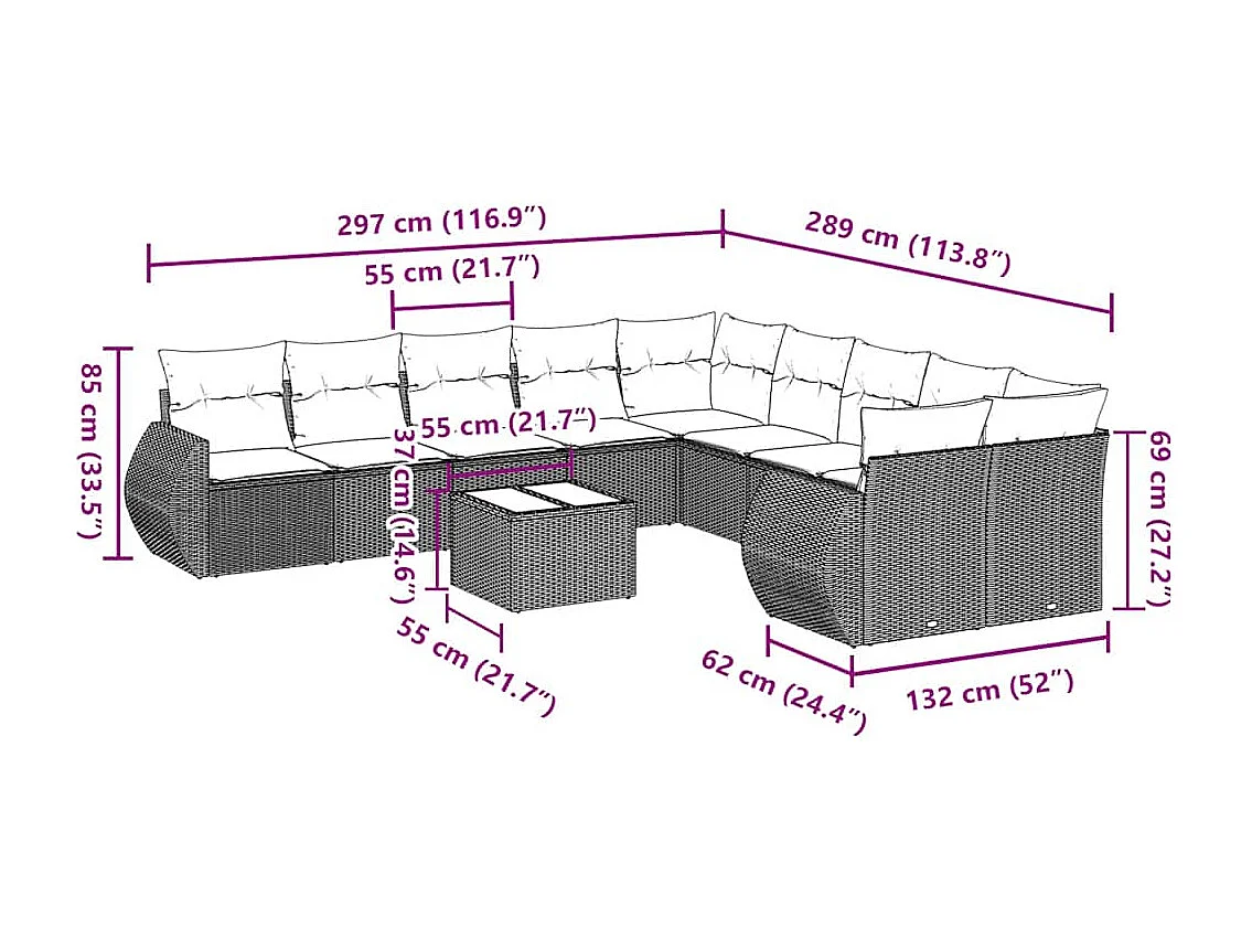 Salon de jardin 11 pièces avec coussins gris clair résine tressée
