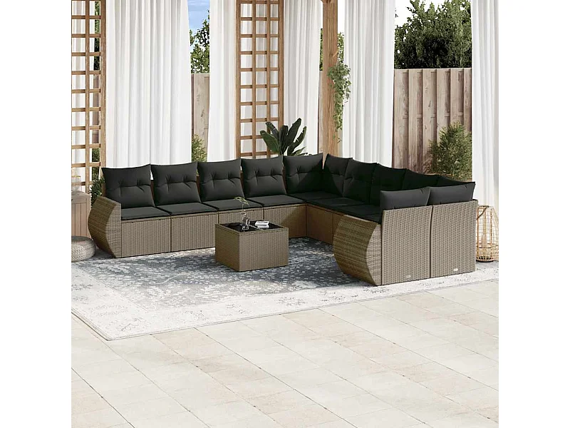 Salon de jardin 11 pièces avec coussins gris clair résine tressée