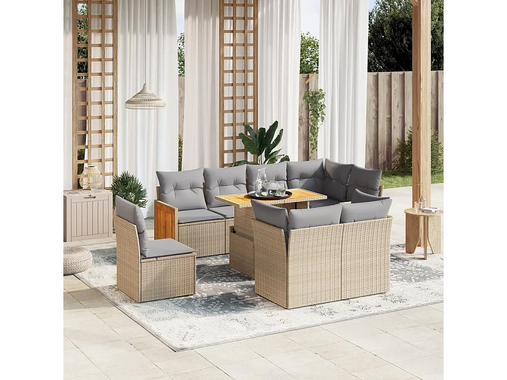 9 peças conjunto de sofás para jardim com almofadões vime PE bege