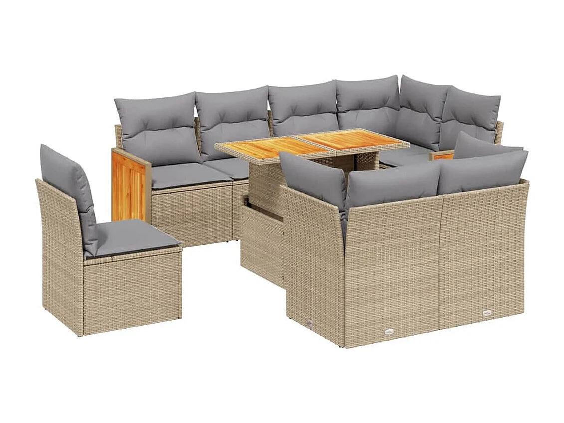 9 peças conjunto de sofás para jardim com almofadões vime PE bege