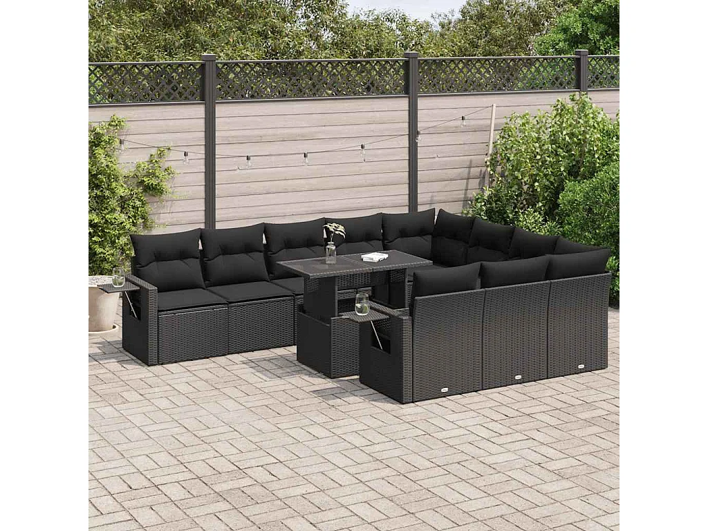 Set de sofás de jardín 11 piezas y cojines ratán sintético negro