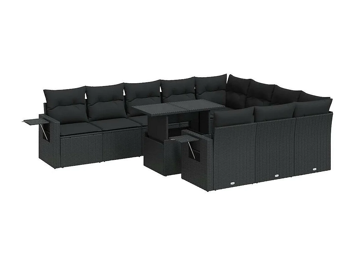 Set de sofás de jardín 11 piezas y cojines ratán sintético negro