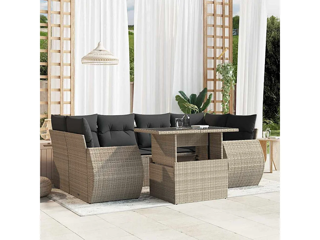 Salon de jardin avec coussins 7 pièces gris clair résine tressée