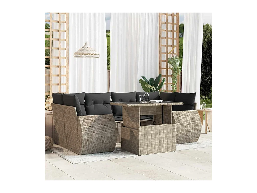 Set de sofás de jardín 7 piezas con cojines ratán PE gris claro