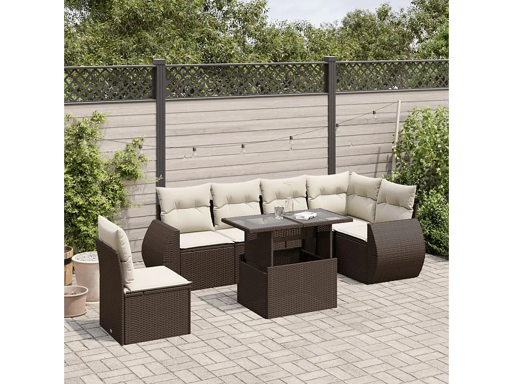 7 peças conjunto de sofás jardim com almofadões vime PE castanho