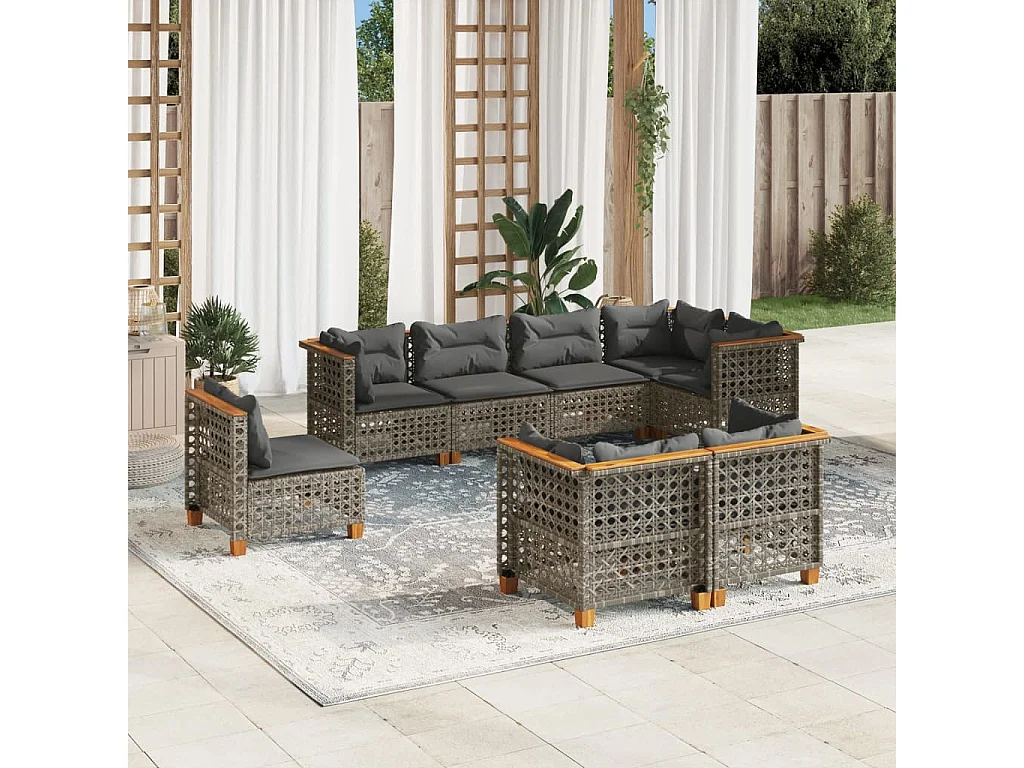 Salon de jardin 8 pièces avec coussins gris résine tressée