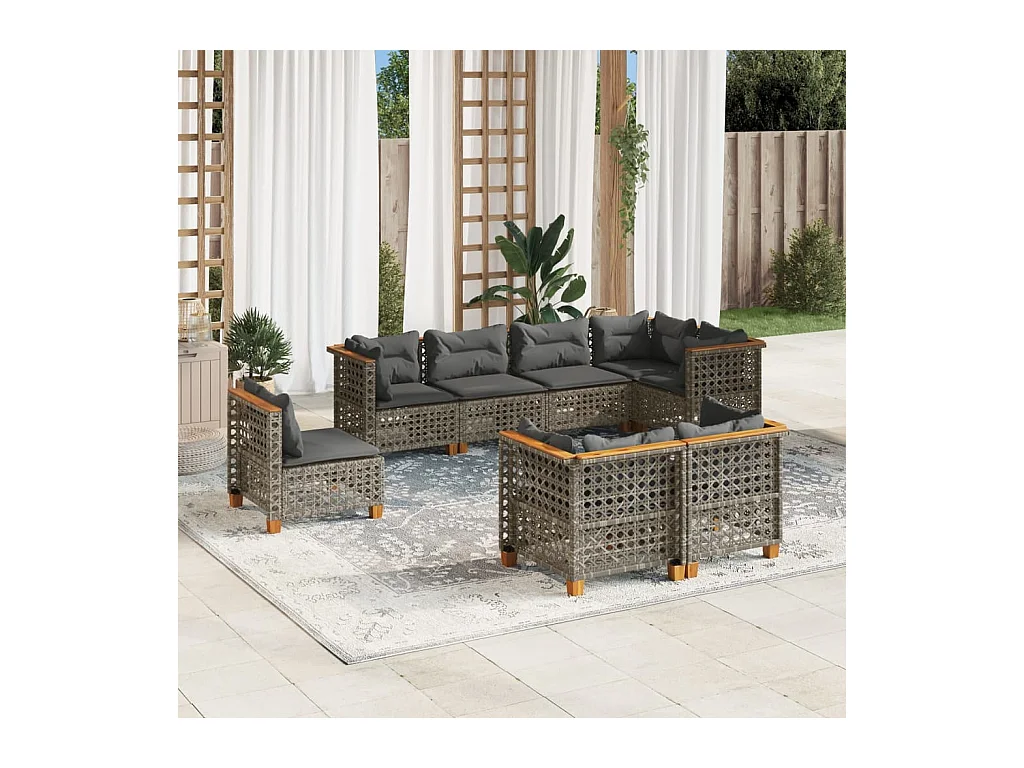 Salon de jardin 8 pièces avec coussins gris résine tressée