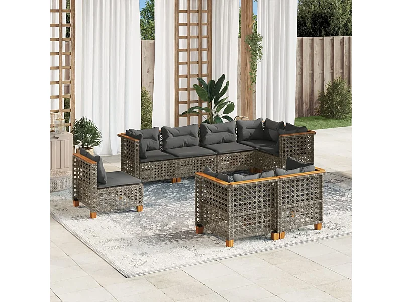 Salon de jardin 8 pièces avec coussins gris résine tressée