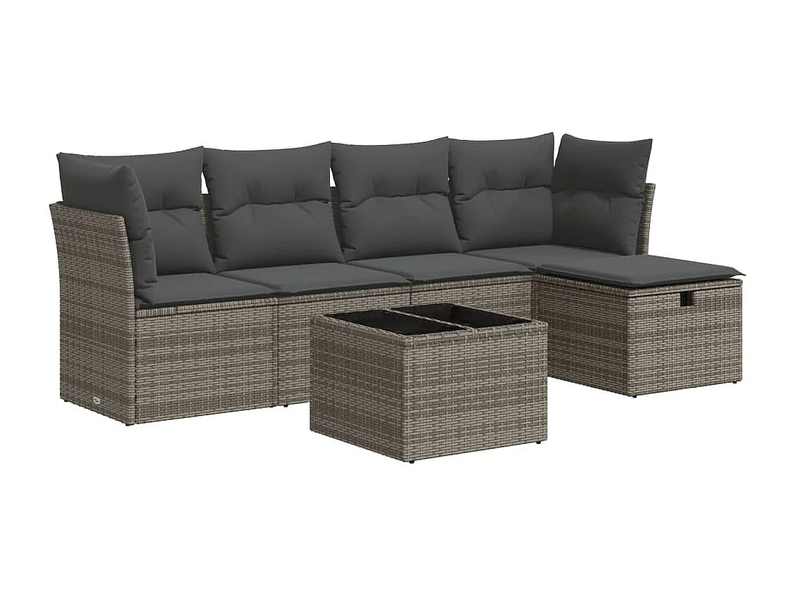 Set de muebles de jardín 6 piezas y cojines ratán sintético gris