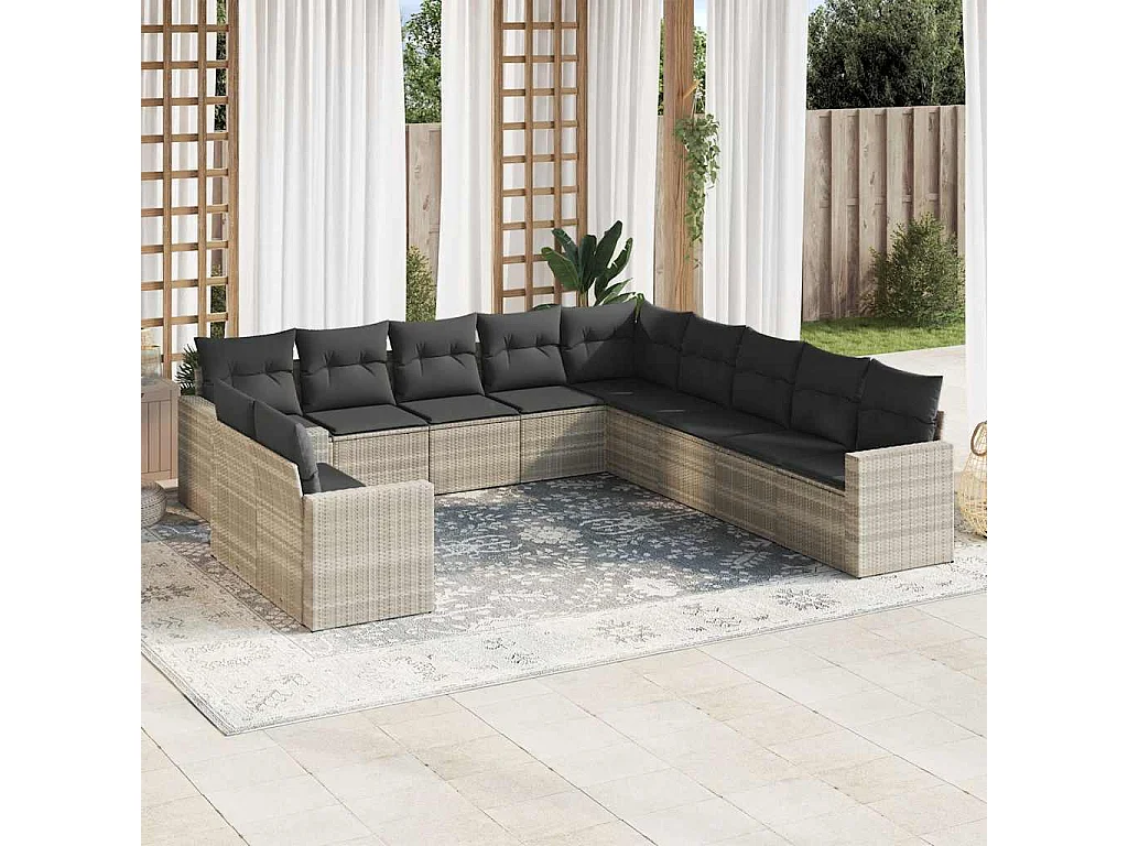 11 peças conjunto sofás de jardim com almofadões vime PE cinzento