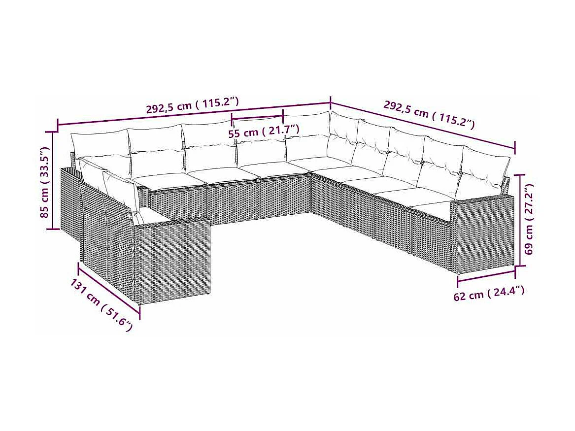 Salon de jardin 11 pièces avec coussins gris clair résine tressée