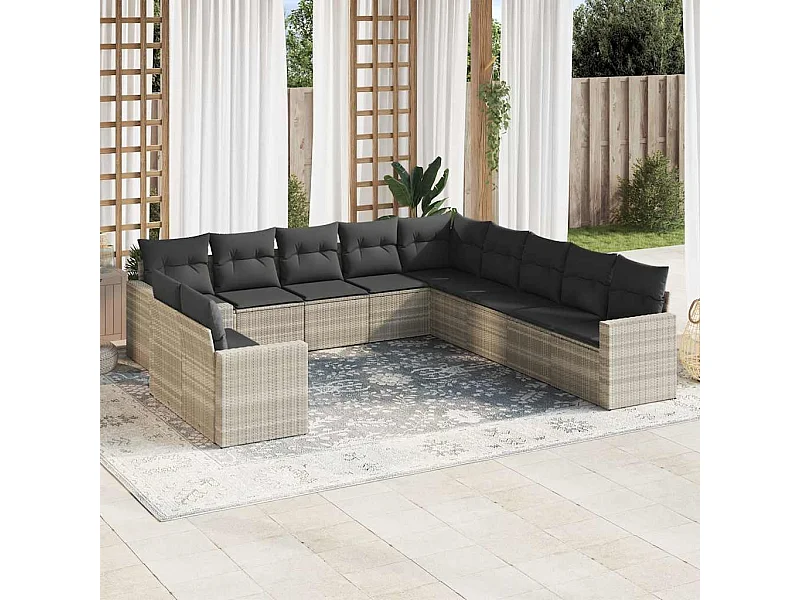 Salon de jardin 11 pièces avec coussins gris clair résine tressée