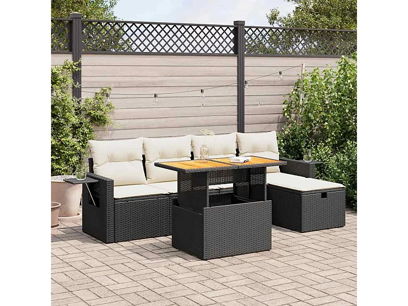 6-delige Loungeset met kussens poly rattan acacia zwart