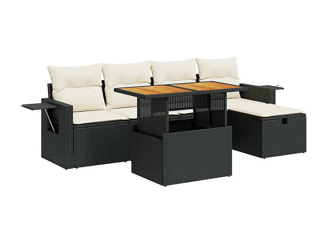 6-delige Loungeset met kussens poly rattan acacia zwart
