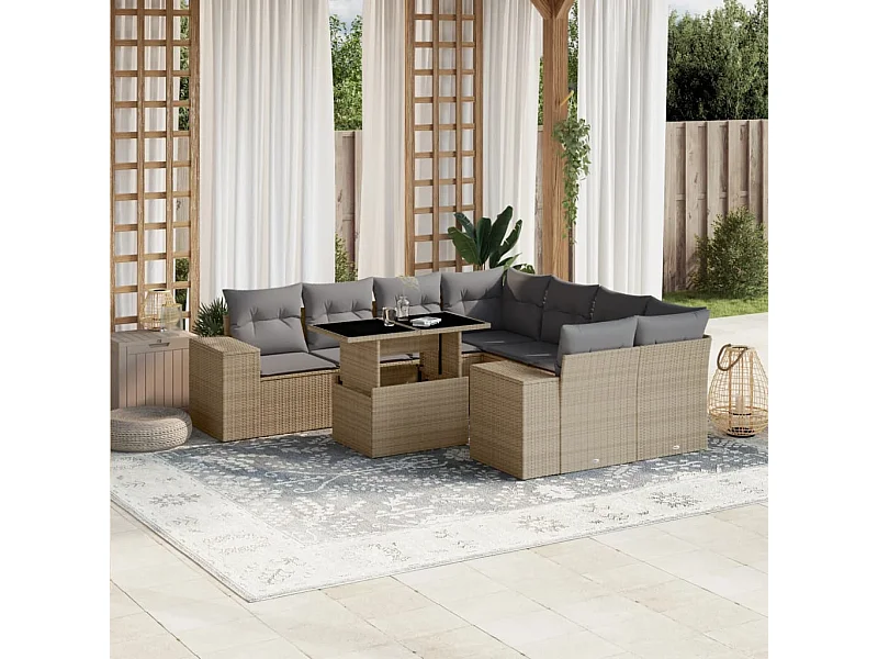 Salon de jardin avec coussins 9 pièces beige résine tressée