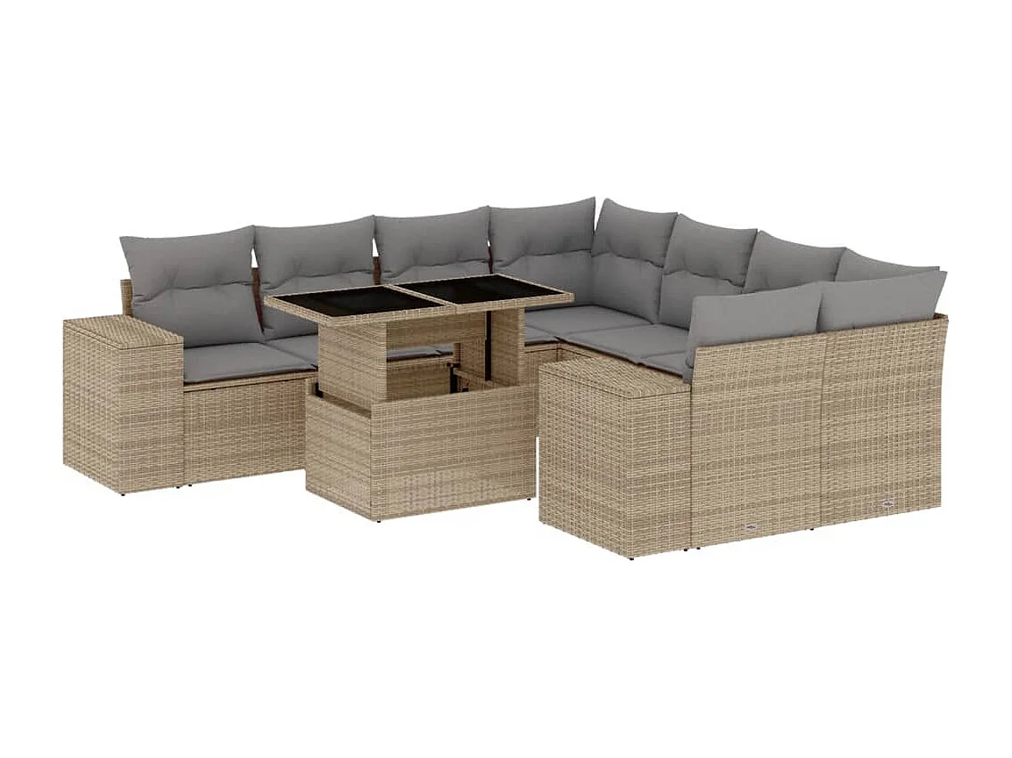 Set de sofás de jardín 9 piezas con cojines ratán sintético beige