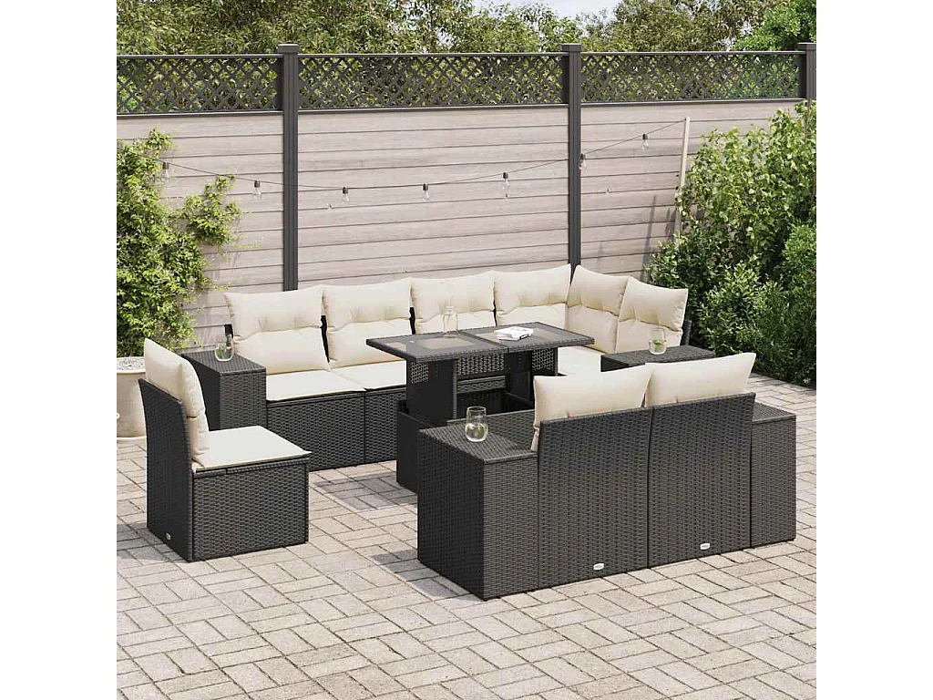 Salon de jardin 9 pièces avec coussins noir résine tressée
