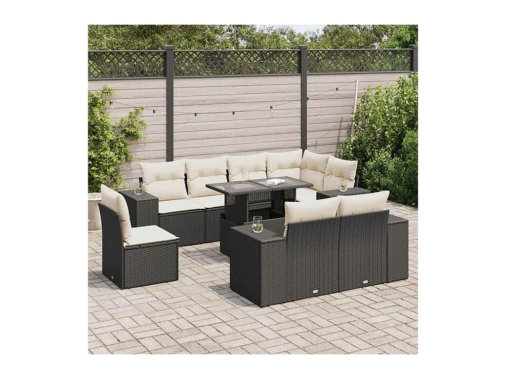 Salon de jardin 9 pièces avec coussins noir résine tressée