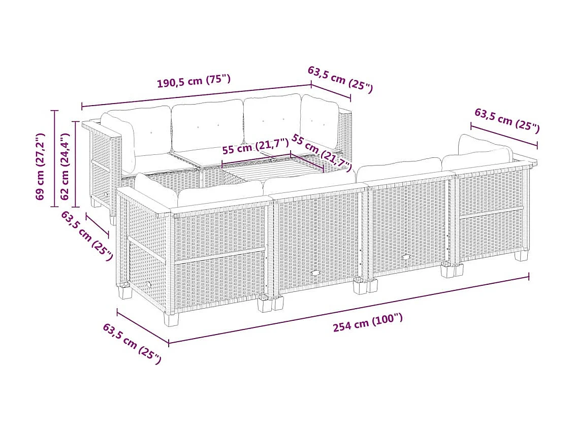 Salon de jardin 8 pièces avec coussins noir résine tressée