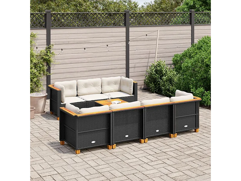 8-delige Loungeset met kussens poly rattan zwart