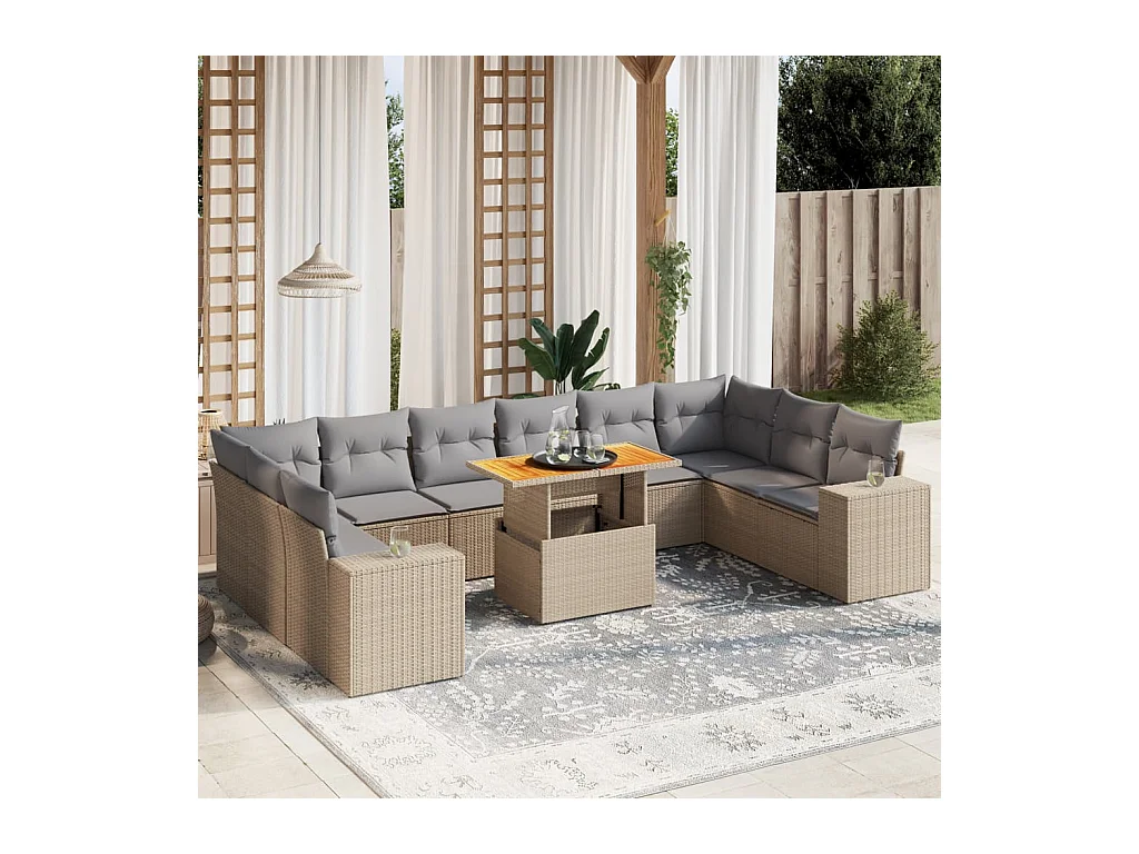 Salon de jardin 11 pièces avec coussins beige résine tressée