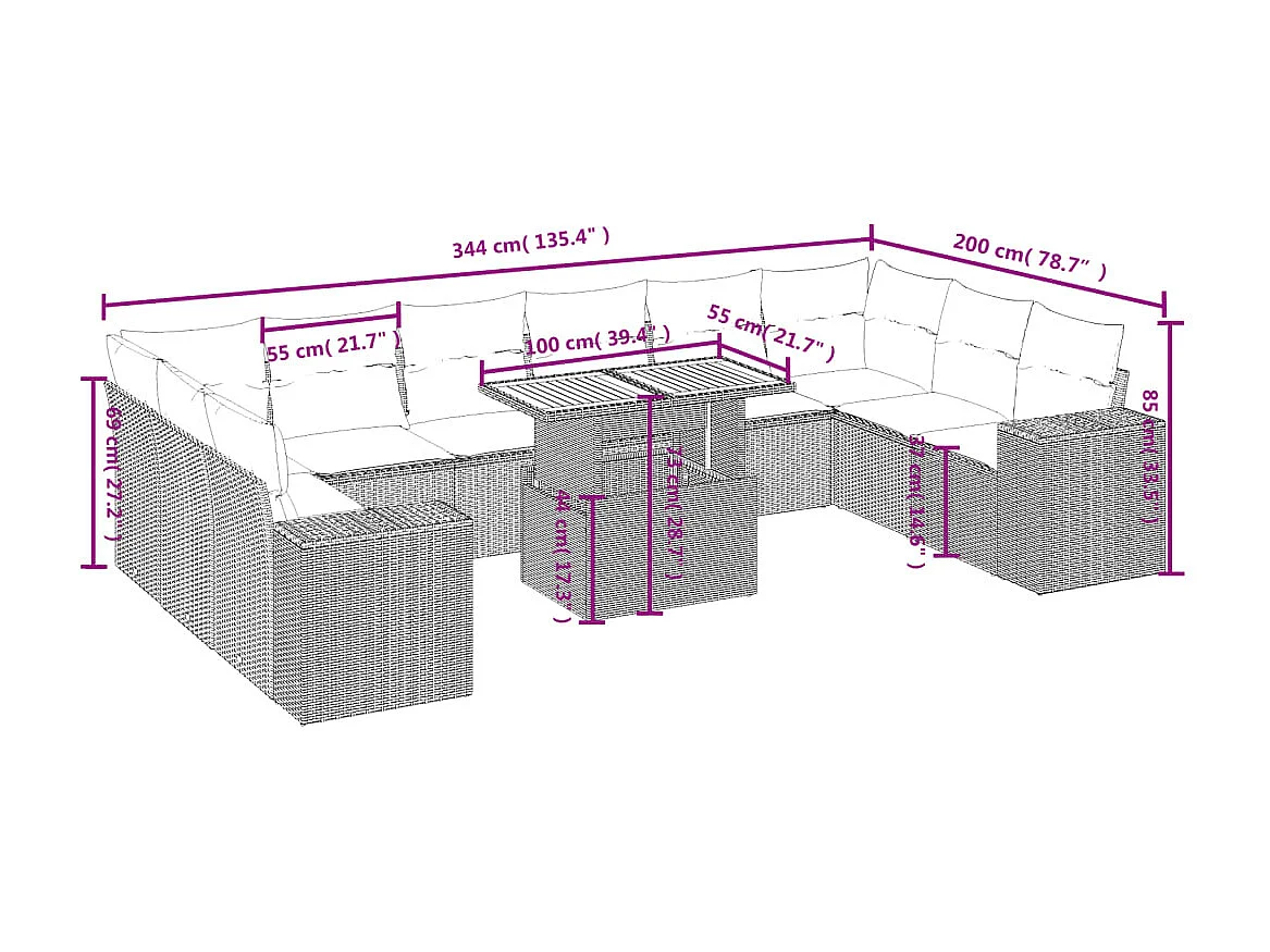 11-delige Tuinset met kussens poly rattan beige
