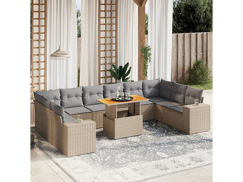 Salon de jardin 11 pièces avec coussins beige résine tressée