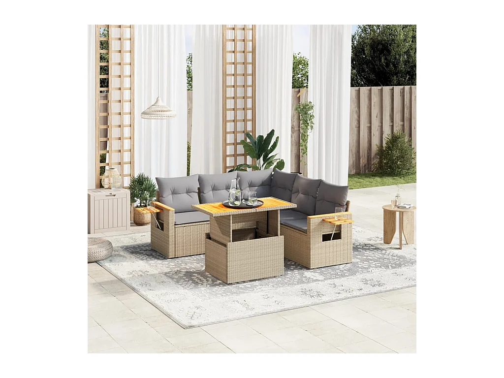 Salon de jardin avec coussins 6 pièces beige résine tressée