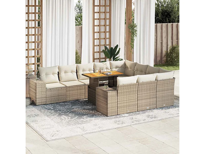Salon de jardin avec coussins 10 pièces beige résine tressée acacia
