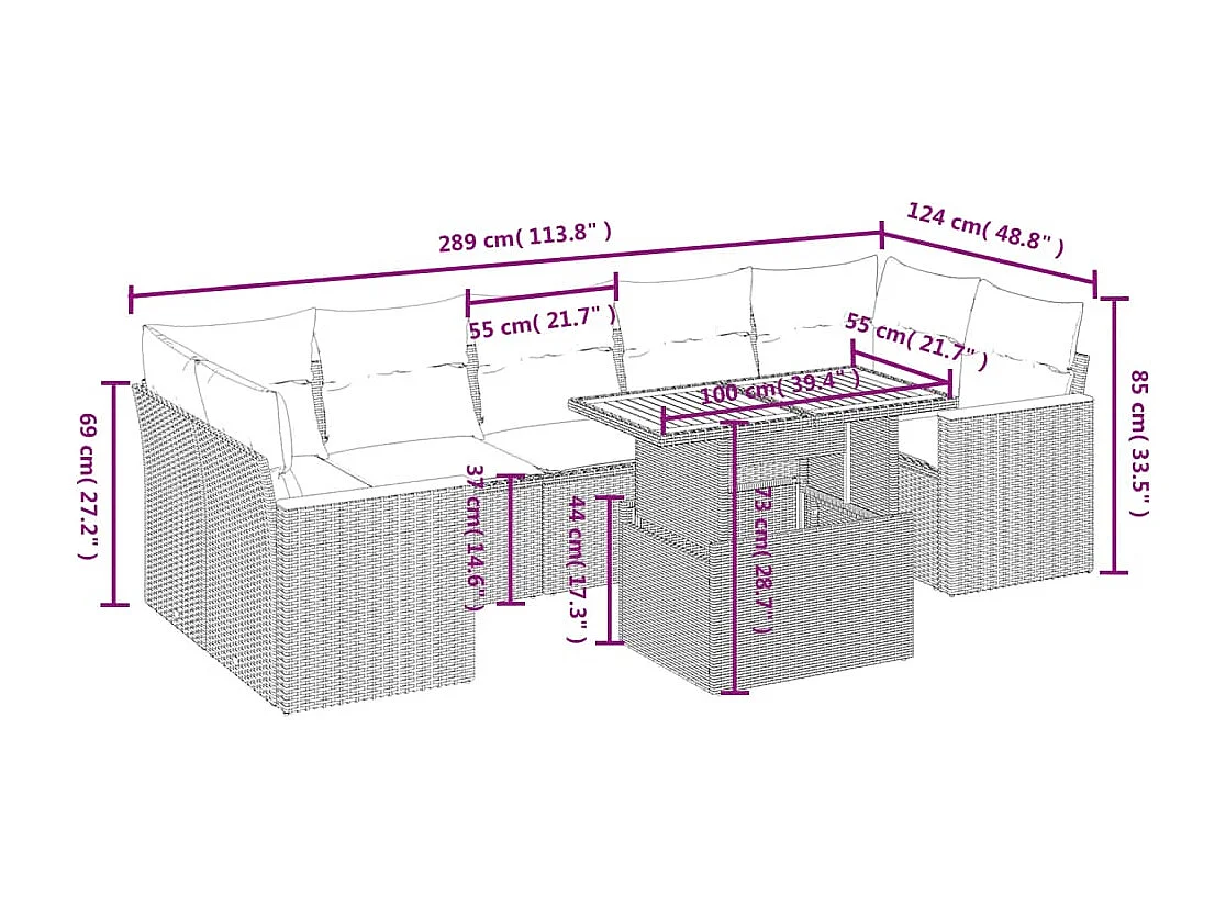 8 peças conjunto de sofás para jardim com almofadões vime PE bege