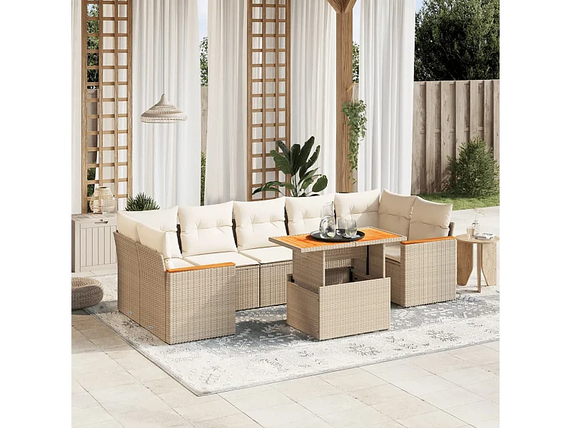 Salon de jardin avec coussins 8 pièces beige résine tressée