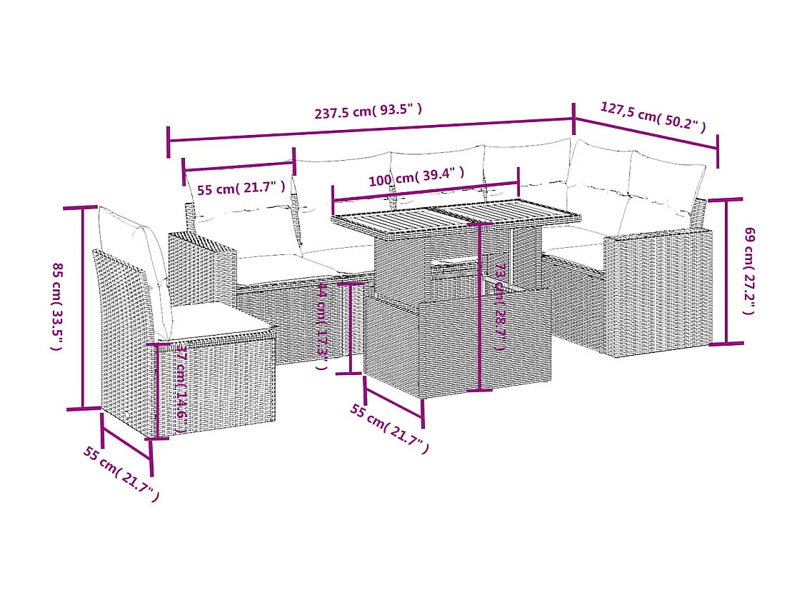 Salon de jardin avec coussins 7 pièces beige résine tressée