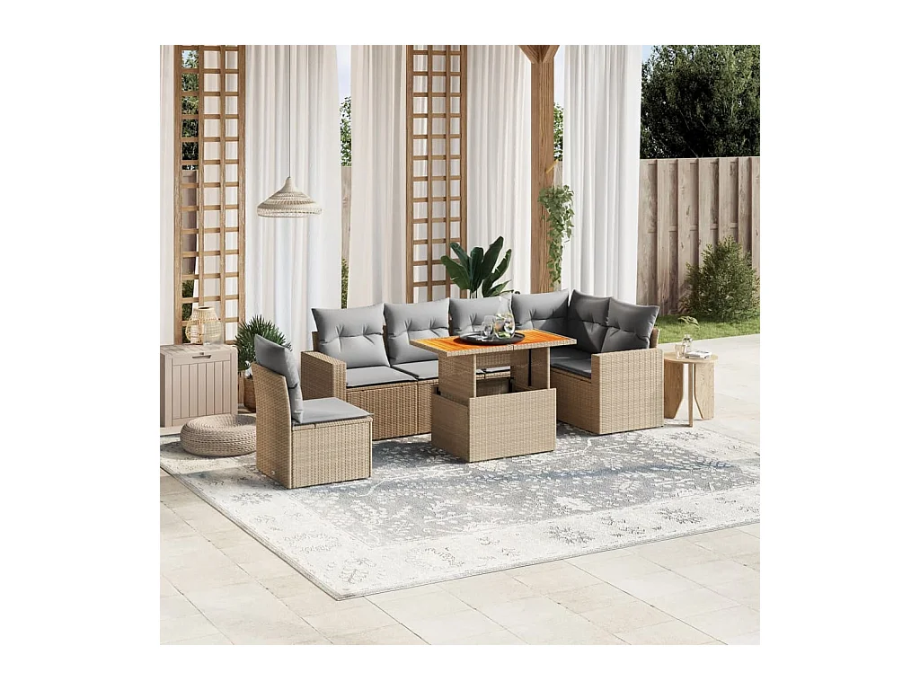 Salon de jardin avec coussins 7 pièces beige résine tressée