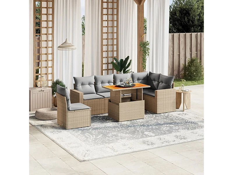 7-delige Loungeset met kussens poly rattan beige