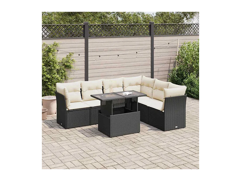 7-delige Loungeset met kussens poly rattan zwart