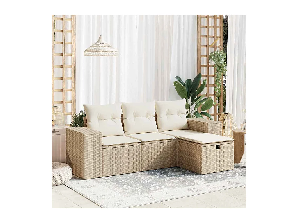 4-delige Loungeset met kussens poly rattan beige
