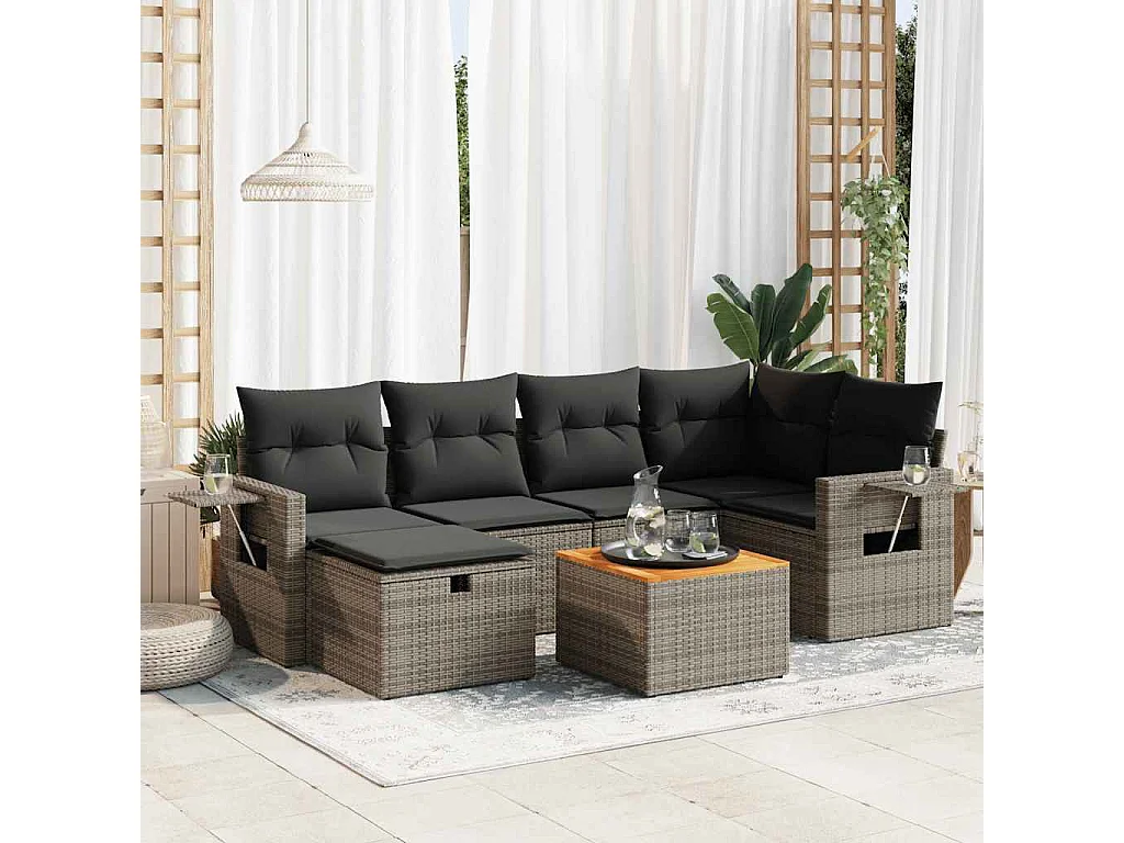 Salon de jardin avec coussins 7 pièces gris résine tressée