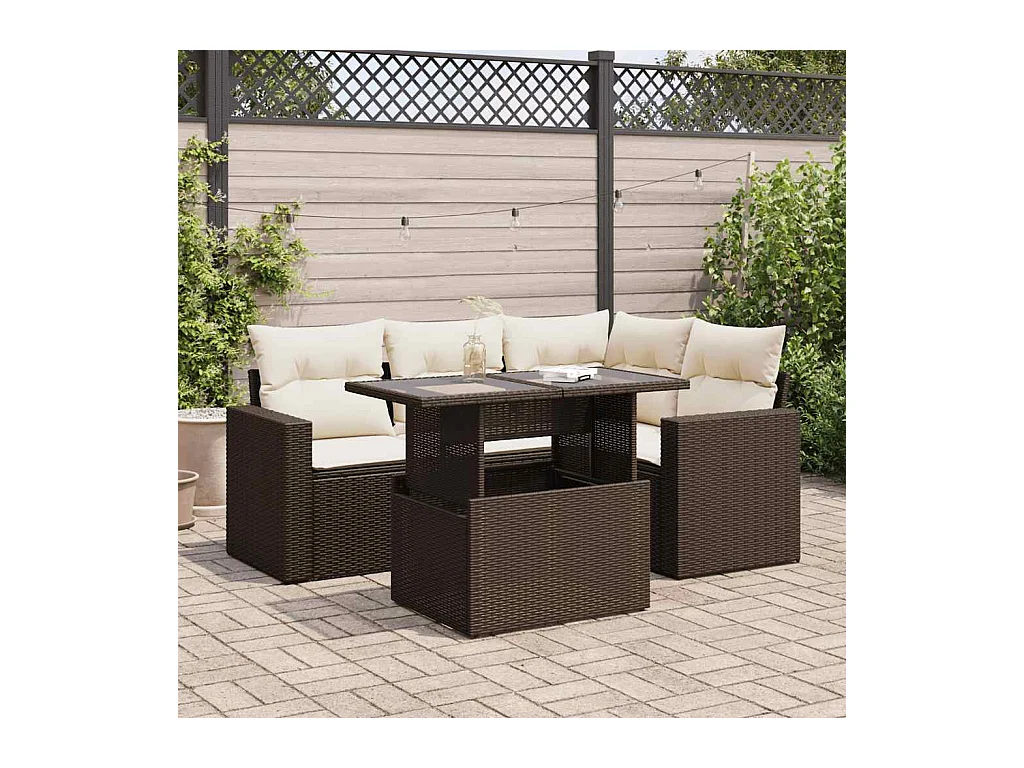 Salon de jardin avec coussins 5 pièces marron résine tressée