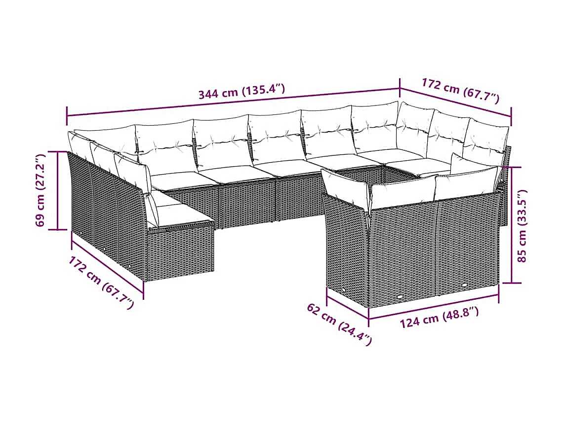 Salon de jardin avec coussins 12 pièces gris clair résine tressée