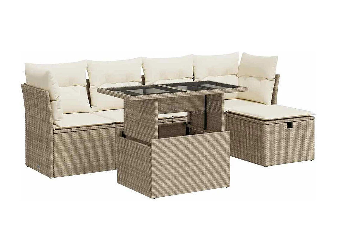 6-delige Loungeset met kussens poly rattan beige