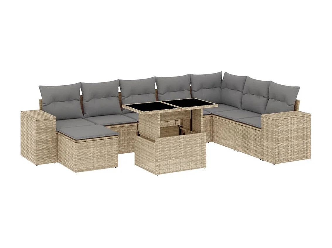 Salon de jardin avec coussins 9 pièces beige résine tressée