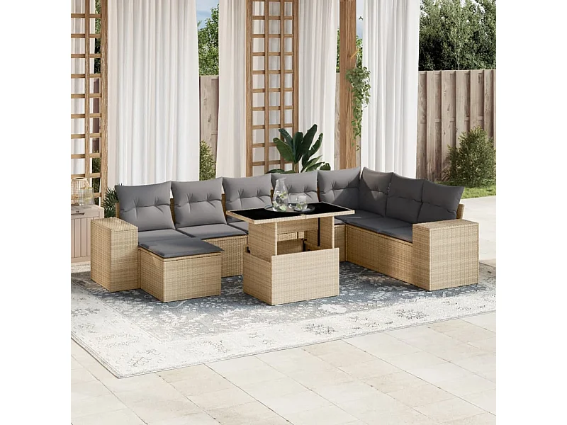 9-delige Loungeset met kussens poly rattan beige