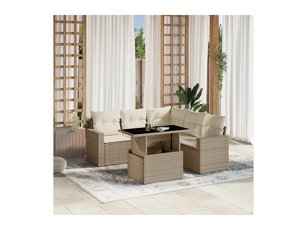 Salon de jardin avec coussins 6 pièces beige résine tressée