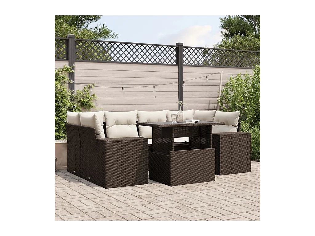 7-delige Loungeset met kussens poly rattan bruin